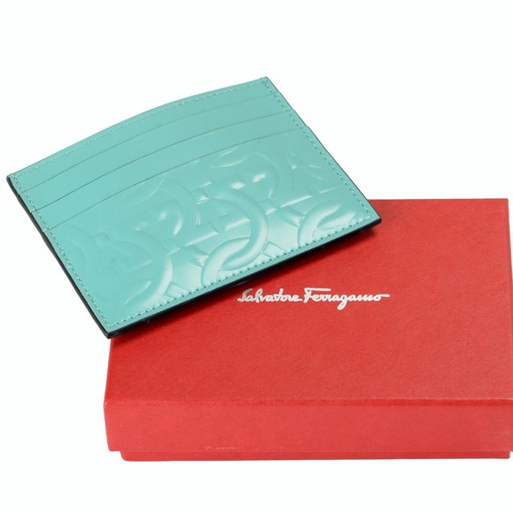 Salvatore Ferragamo Men's Turquoise Blue Logo Print 100% Leather Card Case - Picture 4 of 4